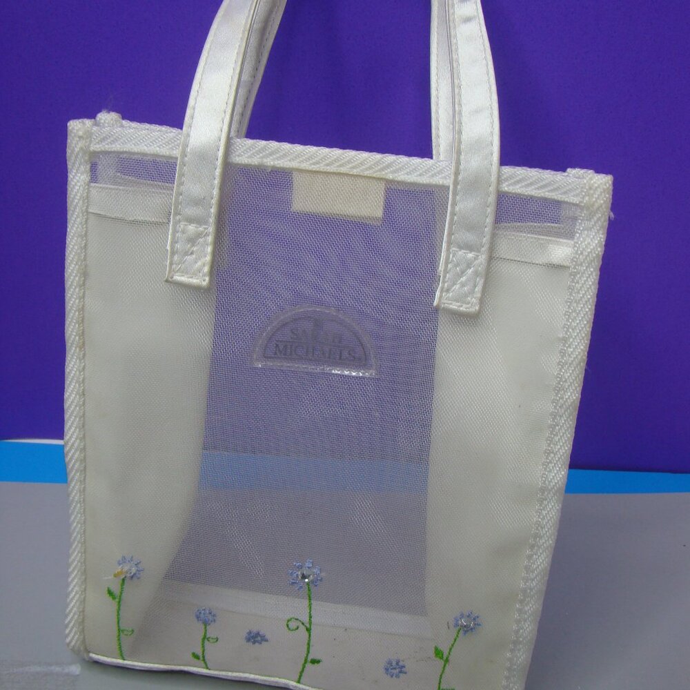 Vintage Sarah Michaels White Purse Tote Floral Bag 90’s Y2K 7" wide 9" tall